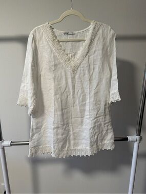 M&G Monogram 100% Linen Lace Trim Blouse Made in Italy Size 3L White
